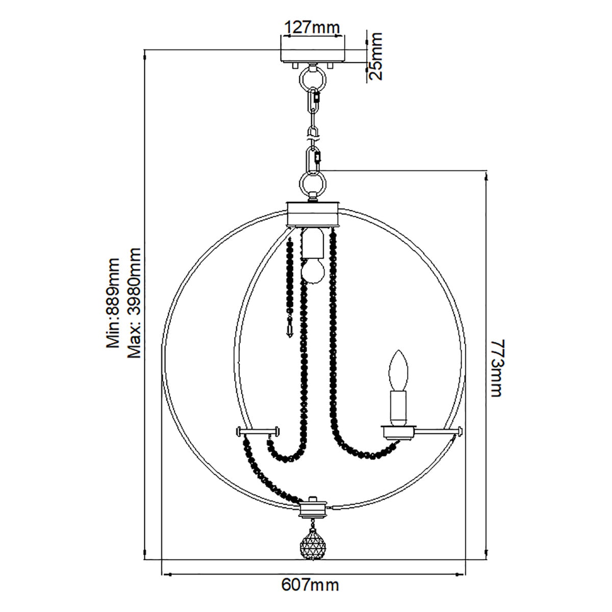 Lampa wisząca Cassie z polerowanego niklu, posiada 6 gniazd E14 i 1 gniazdo E27. Ma okrągły kształt, z dekoracyjnymi elementami, wymiar 607 mm średnicy. Zawieszona na regulowanym łańcuchu, w minimalistycznym stylu, idealna do nowoczesnych wnętrz.