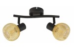 Lampa sufitowa Loretto 2xE14 w kolorze czarnym i złotym. Składa się z dwóch reflektorów o siatkowej strukturze, zamontowanych na czarnej metalowej ramie. Ujęcie z dołu, pokazujące całą konstrukcję oraz detale wzorów na kloszach.