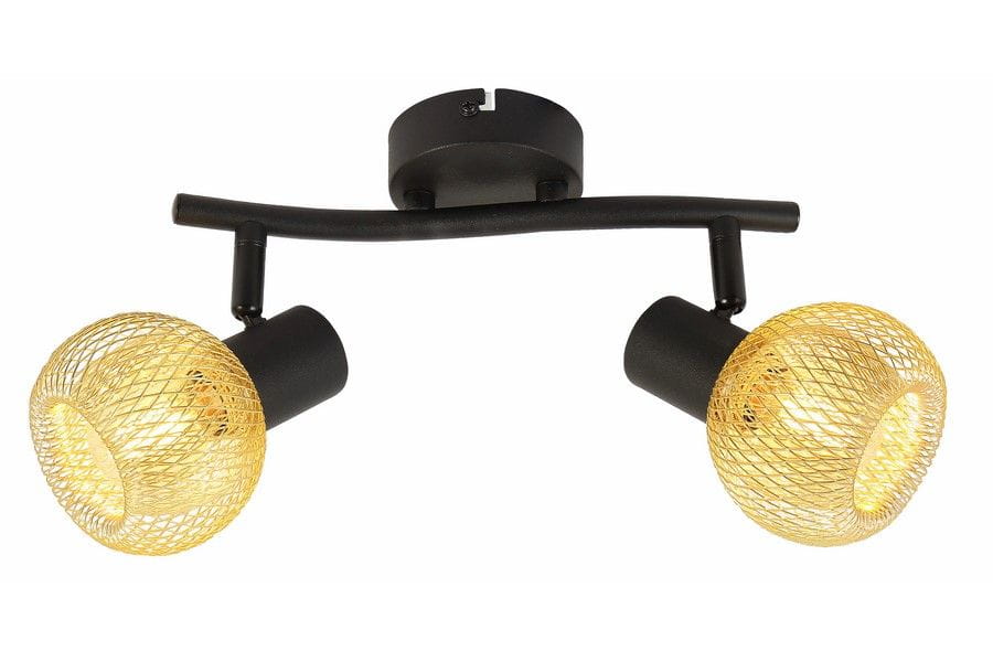 Loretto lampa sufitowa w kolorze czarnym z złotymi kloszami, z dwoma punktami świetlnymi w metalowej siatce. Ułożona poziomo na czarnej podstawie, idealna do nowoczesnych wnętrz. Wymiary i detale montażowe nie są widoczne.