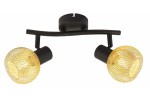 Loretto lampa sufitowa w kolorze czarnym z złotymi kloszami, z dwoma punktami świetlnymi w metalowej siatce. Ułożona poziomo na czarnej podstawie, idealna do nowoczesnych wnętrz. Wymiary i detale montażowe nie są widoczne.