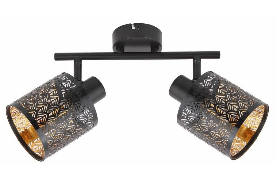 Czarna lampa sufitowa Tuluza z dwoma reflektorami E14. Konstrukcja z metalowym stelażem, ozdobne klosze z perforowanym wzorem, złote wnętrze. Ujęcie z boku, montowana na suficie, idealna do nowoczesnych wnętrz.