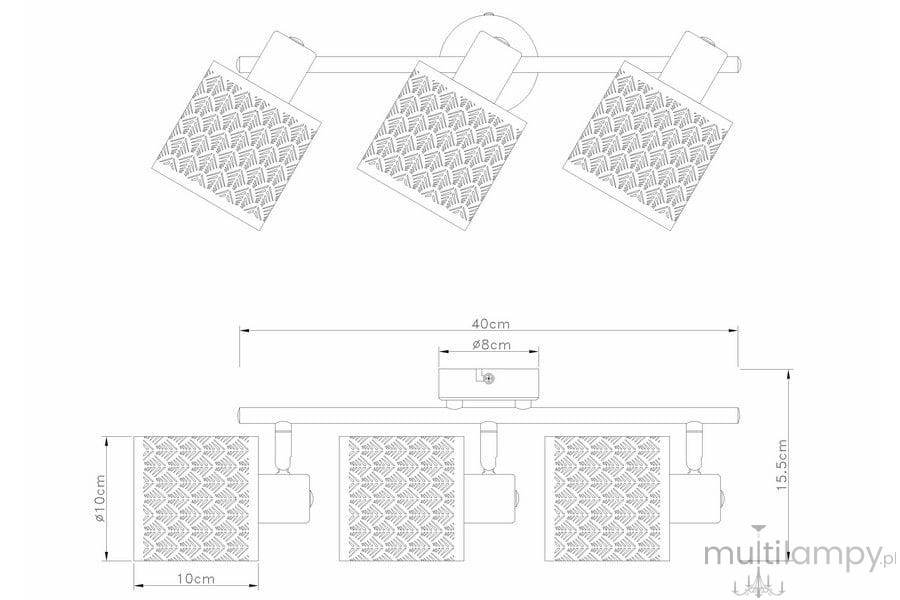 Czarna lampa sufitowa Tuluza z trzema reflektorami E14. Ułożona poziomo, z kwadratowymi kloszami o wymiarach 10x10 cm, z teksturowanym wzorem. Długość 40 cm, wysokość 15,5 cm, średnica mocowania 8 cm. Idealna do nowoczesnych wnętrz.