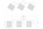 Czarna lampa sufitowa Tuluza z trzema reflektorami E14. Ułożona poziomo, z kwadratowymi kloszami o wymiarach 10x10 cm, z teksturowanym wzorem. Długość 40 cm, wysokość 15,5 cm, średnica mocowania 8 cm. Idealna do nowoczesnych wnętrz.