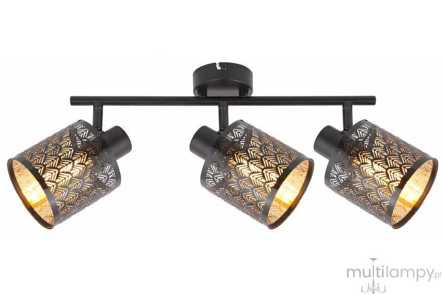Czarna lampa sufitowa Tuluza z trzema kloszami E14, umieszczona na metalowej listwie. Klosze mają dekoracyjny wzór i złote wnętrze, co tworzy efektowne światło. Produkt montowany sufitowo, widok frontalny. Długość listwy: około 60 cm.