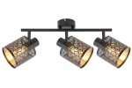 Czarna lampa sufitowa Tuluza z trzema kloszami E14, umieszczona na metalowej listwie. Klosze mają dekoracyjny wzór i złote wnętrze, co tworzy efektowne światło. Produkt montowany sufitowo, widok frontalny. Długość listwy: około 60 cm.