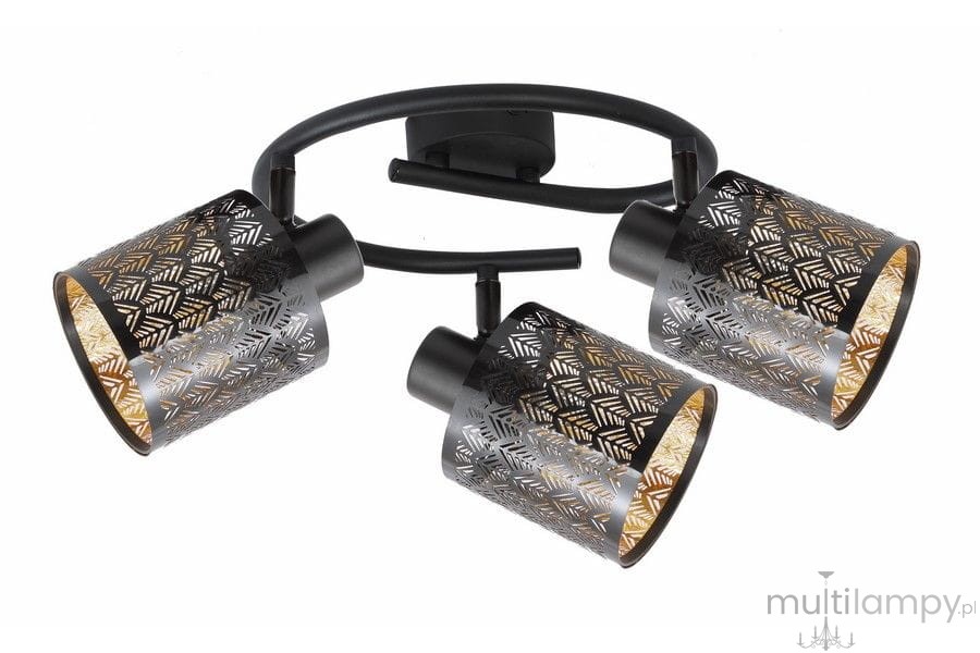 Lampa sufitowa Tuluza w kolorze czarnym z trzema reflektorami E14. Każdy reflektor ma ażurową obudowę z geometrycznym wzorem i złotym wnętrzem. Wisi na prostokątnej podstawie, z możliwością regulacji kierunku światła.