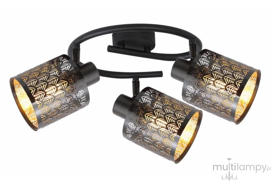 Lampa sufitowa Tuluza z trzema punktami świetlnymi E14 w czarnym kolorze. Klosze z metalową siatką w geometryczny wzór, montowane na okrągłej podstawie. Produkt w pozycji wiszącej, oferujący nowoczesne oświetlenie wnętrz.