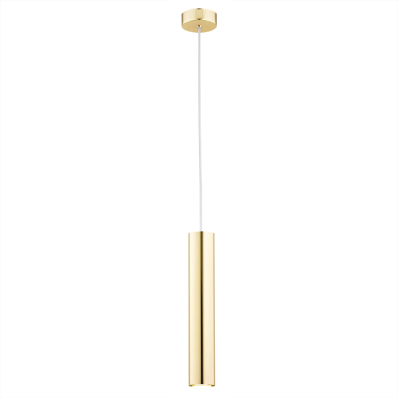 Lampa wisząca Gomera 1-punktowa w kolorze złotym, o cylindrycznym kształcie. Zawieszona na białym przewodzie, z metalowym mocowaniem sufitowym. Prosta i elegancka, idealna do nowoczesnych wnętrz.