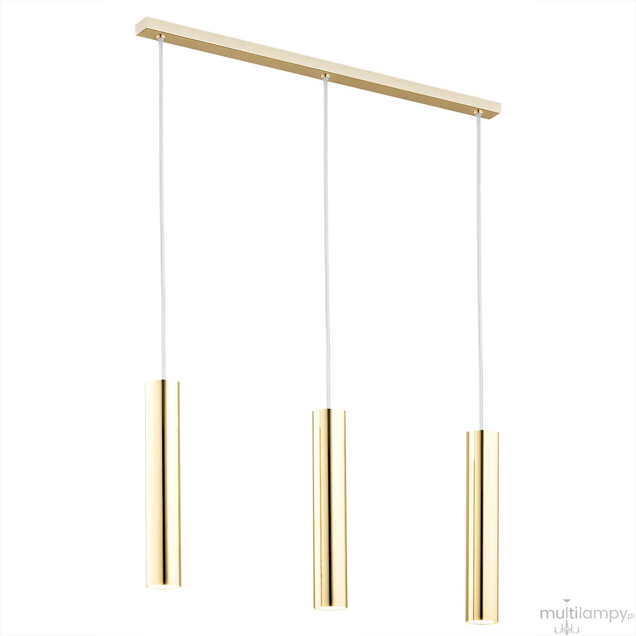 Lampa wisząca Gomera 3-punktowa w kolorze złotym, składająca się z trzech cylindrycznych kloszy na białych przewodach, zawieszona na prostokątnej, złotej podstawie. Prosty design i elegancki wygląd.