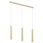 Lampa wisząca Gomera 3-punktowa w kolorze złotym, składająca się z trzech cylindrycznych kloszy na białych przewodach, zawieszona na prostokątnej, złotej podstawie. Prosty design i elegancki wygląd.
