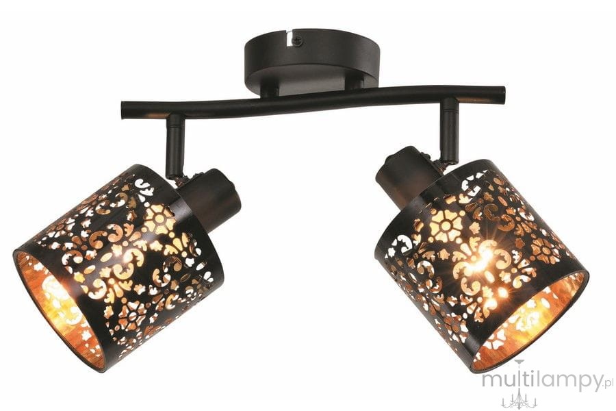 Czarna lampa sufitowa Kiga z dwoma reflektorami E14. Wzory na kloszach tworzą efektowne światło. Produkt zamontowany na metalowej podstawie, z regulowanymi głowicami dla skierowania światła. Idealna do nowoczesnych wnętrz.