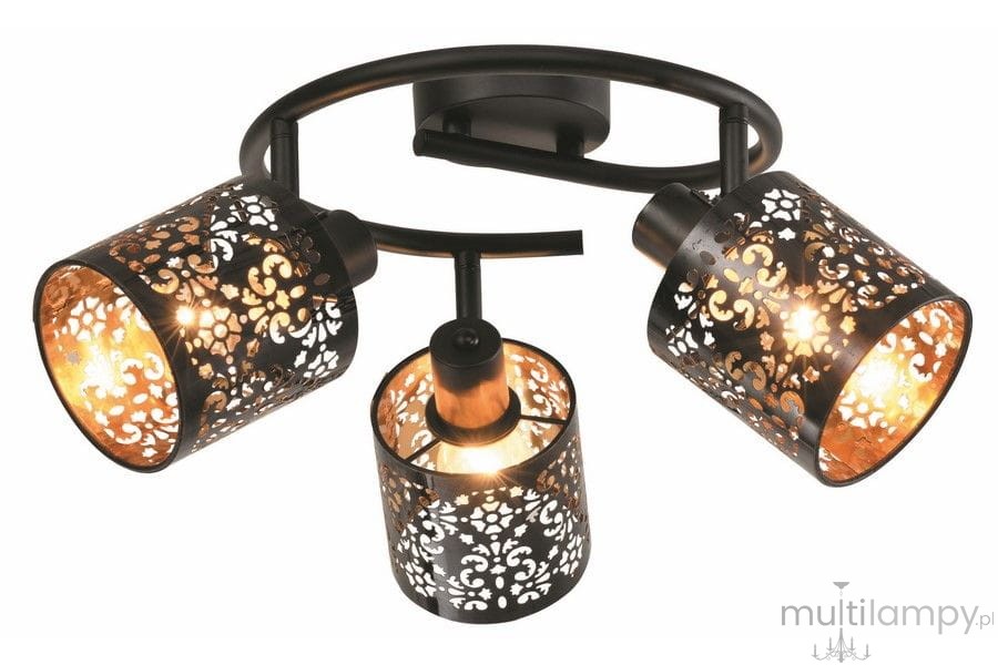 Kiga lampa sufitowa (spot) z trzema kloszami E14 w kolorze czarnym. Klosze mają ażurowy wzór, odsłaniający ciepłe światło. Lampa zamontowana na okrągłej podstawie, w układzie poziomym, idealna do nowoczesnych wnętrz.