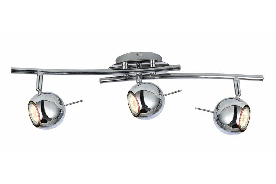 Lampa sufitowa Santorini 2 z trzema reflektorami GU10 w chromowanej obudowie. Reflektory mają okrągły kształt i są zamontowane na giętej, metalowej rurze. Produkt wiszący, z eleganckim, nowoczesnym designem.