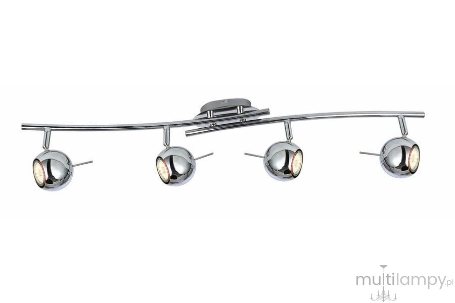 Lampa sufitowa Santorini 2 z czterema reflektorami GU10, w chromowanym wykończeniu. Ułożona na łukowatej listwie, z widocznymi kulistymi kloszami i regulacją kąta świecenia. Prosta forma, na białym tle.