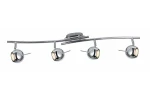 Lampa sufitowa Santorini 2 z czterema reflektorami GU10, w chromowanym wykończeniu. Ułożona na łukowatej listwie, z widocznymi kulistymi kloszami i regulacją kąta świecenia. Prosta forma, na białym tle.