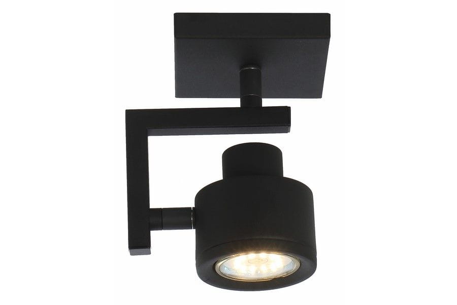 Lampa sufitowa Alenis w kolorze czarnym, z jednym miejscem na żarówkę GU10. Ma nowoczesny, minimalistyczny kształt z okrągłym kloszem i kwadratowym stelażem. Ujęcie z dołu, pokazujące detal montażu i źródło światła.