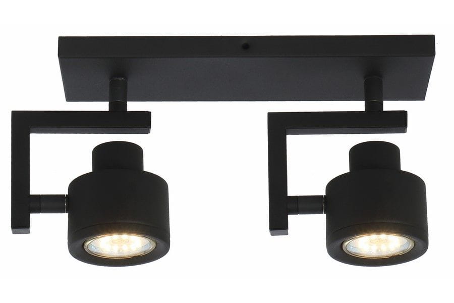 Lampa sufitowa Alenis w kolorze czarnym, z dwoma reflektorami GU10. Kształt prostokątny, z metalowym wykończeniem. Reflektory umieszczone na ruchomych ramionach, montowane do sufitu. Idealna do nowoczesnych wnętrz.