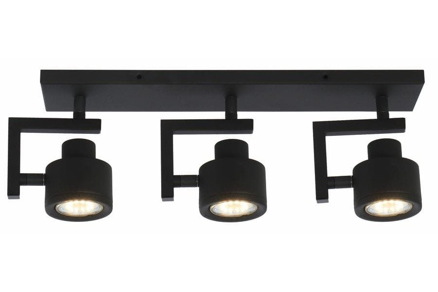 Lampa sufitowa Alenis w kolorze czarnym z trzema reflektorami GU10. Kształt cylindryczny, zamocowana na prostokątnej podstawie. Reflektory ustawione pod kątem, co umożliwia regulację kierunku światła.