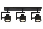 Lampa sufitowa Alenis w kolorze czarnym z trzema reflektorami GU10. Kształt cylindryczny, zamocowana na prostokątnej podstawie. Reflektory ustawione pod kątem, co umożliwia regulację kierunku światła.