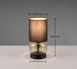 Lampa stołowa Elio z kloszem w kolorze czarnym na szklanym, zielonym podstawkowym korpusie. Wymiary: wysokość 280 mm, średnica klosza 135 mm, średnica podstawy 120 mm. Ustawiona na jasnym tle.
