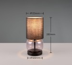 Lampa stołowa Elio z przydymionym szklanym kloszem i czarną podstawą. Wysokość 280 mm, średnica klosza 135 mm, średnica podstawy 120 mm. Ujęcie frontalne, na jednolitym tle, z wyraźnymi wymiarami.