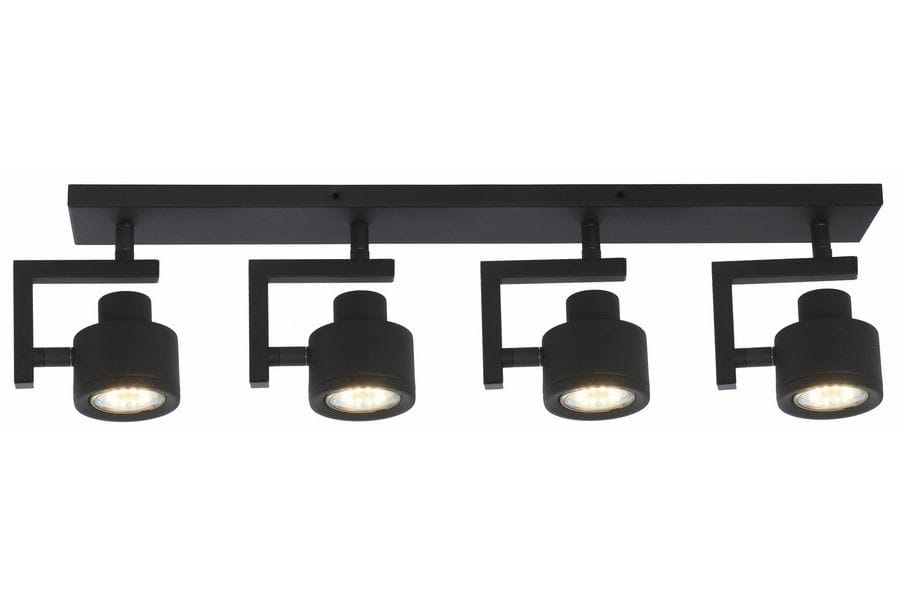 Czarna lampa sufitowa Alenis z czterema spotami GU10, zamontowana na prostokątnej podstawie. Każdy reflektor ma cylindryczny kształt i jest skierowany w różnych kierunkach, co umożliwia regulację oświetlenia.