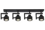Czarna lampa sufitowa Alenis z czterema spotami GU10, zamontowana na prostokątnej podstawie. Każdy reflektor ma cylindryczny kształt i jest skierowany w różnych kierunkach, co umożliwia regulację oświetlenia.