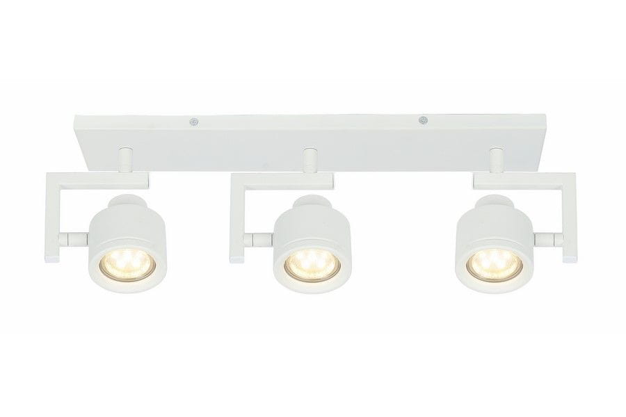 Lampa sufitowa Alenis w kolorze białym, z trzema ruchomymi spotami na żarówki GU10. Ułożona poziomo, z prostokątną podstawą. Każdy spot ma okrągły kształt z widocznymi żarówkami. Idealna do oświetlenia wnętrz.