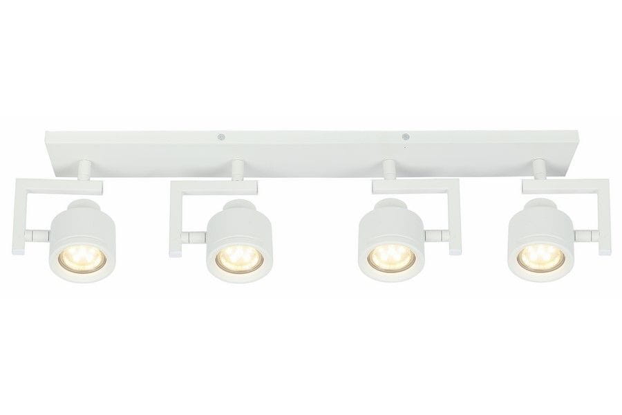 Biała lampa sufitowa Alenis z czterema reflektorami GU10. Reflektory na ruchomych ramionach, zamontowane na prostokątnej podstawie. Ujęcie frontalne, pokazujące równą odległość między lampami. Idealna do oświetlenia wnętrz.