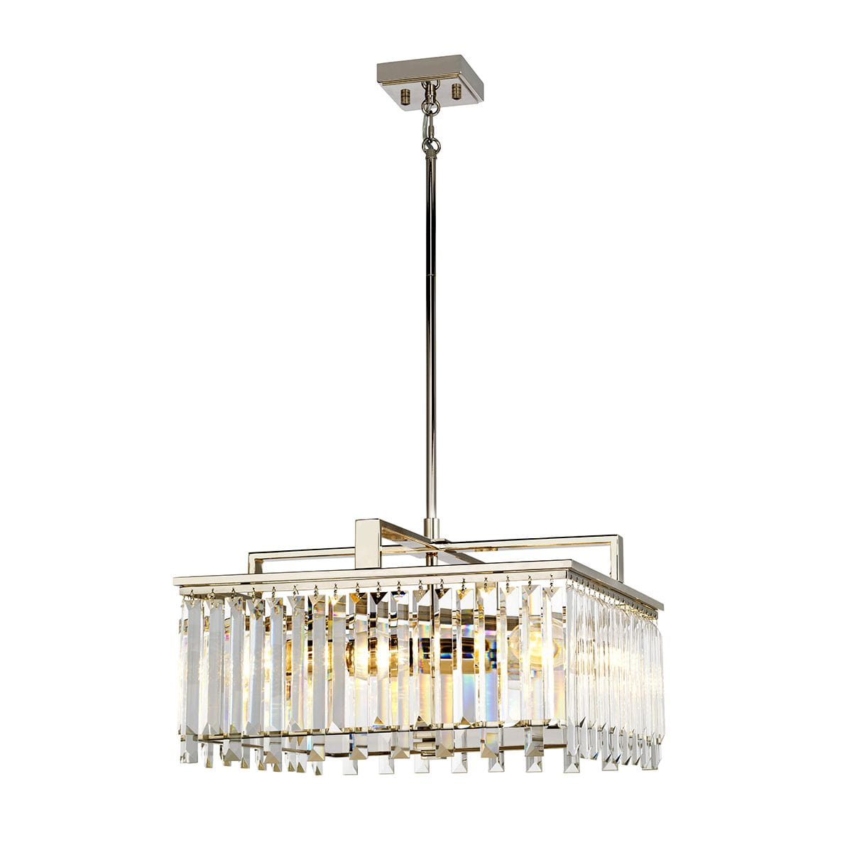 Lampa wisząca Aries 4xE27 w polerowanym chromie, z prostokątnym kloszem ozdobionym kryształowymi elementami. Ujęcie z boku, zawieszona na długim przewodzie, idealna do nowoczesnych wnętrz. Wymiary klosza niewidoczne.