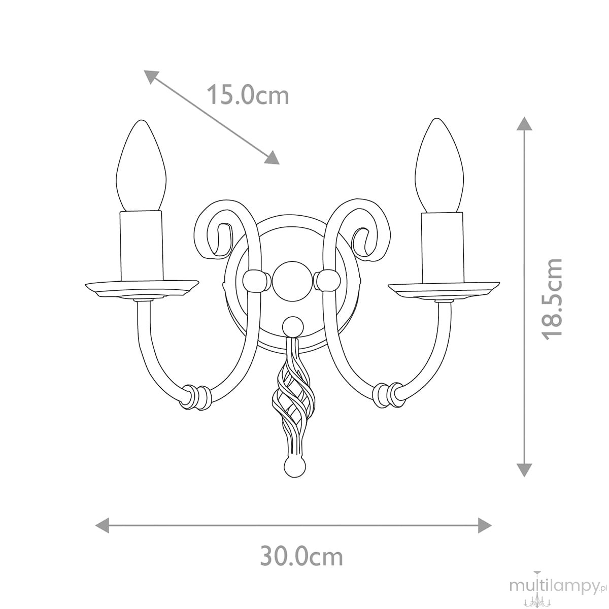 Kinkiet Artisan 2xE14 w postarzanym mosiądzu, z dwoma miejscami na żarówki, o wymiarach 30 cm szerokości, 18,5 cm wysokości i 15 cm głębokości. Posiada dekoracyjne, zakrzywione ramiona i centralną okrągłą podstawę.