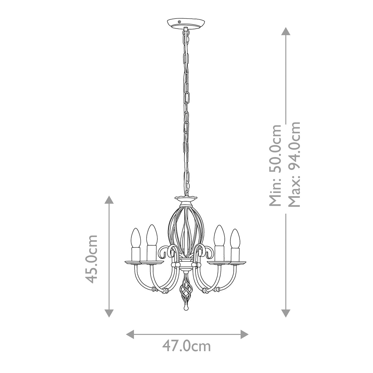Żyrandol Artisan 5xE14 w kolorze czarnym, o wymiarach 45 cm wysokości i 47 cm średnicy, z łańcuchem regulującym wysokość (min. 50 cm, maks. 94 cm). Posiada pięć uchwytów na żarówki w kształcie świec.