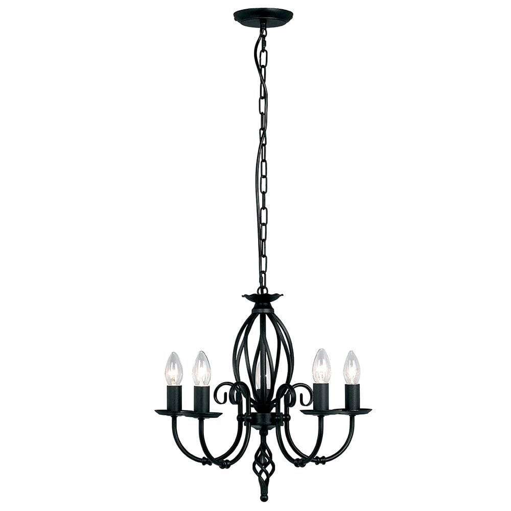 Czarny żyrandol Artisan z pięcioma gniazdami E14, wiszący na łańcuchu. Ozdobny kształt z elementami metalowymi, cztery świeczniki na stojakach, elegancki design. Idealny do aranżacji wnętrz w stylu klasycznym.