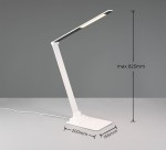 Lampka biurkowa Travis w kolorze białym z portem USB-C. Posiada elastyczne ramię, które można regulować do wysokości maksymalnej 825 mm. Podstawa o wymiarach 200 mm x 155 mm. Źródło światła LED o mocy 6,5 W.