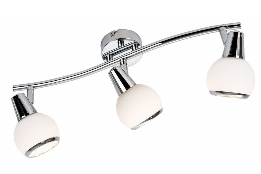 Loris lampa sufitowa (spot) 3xE14 w kolorze chromu z trzema białymi kloszami. Ułożona na łuku, montowana do sufitu. Oferuje nowoczesny design, idealna do oświetlenia wnętrz. Klosze mają połyskujące wykończenie, co podkreśla elegancję lampy.