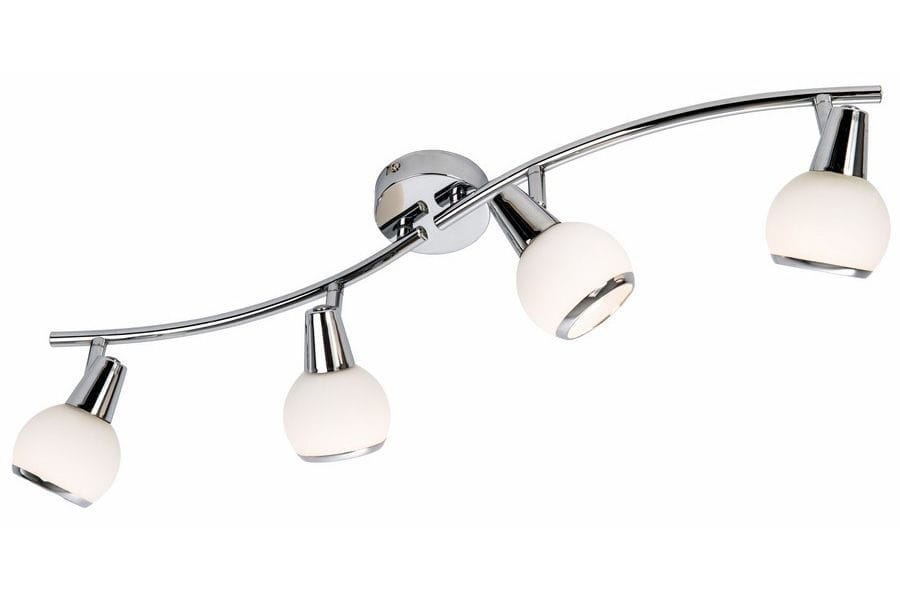 Loris lampa sufitowa (spot) z czterema punktami świetlnymi, chromowana konstrukcja z białymi szklanymi kloszami. Ujęcie z boku, montowana do sufitu, elegancki design, idealna do nowoczesnych wnętrz.