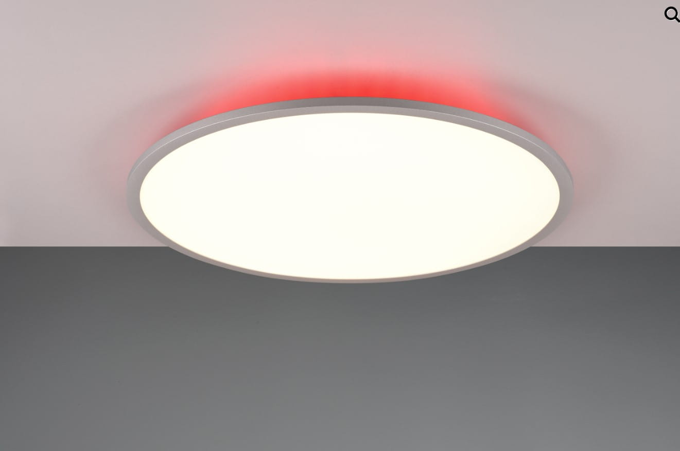 Plafon Yuma z pilotem RGB, tytanowy, okrągły, z białym kloszem i czerwonym podświetleniem. Ujęcie z góry, na jednolitym tle. Wbudowane oświetlenie LED o mocy 35W i 4W. Idealny do nowoczesnych wnętrz.