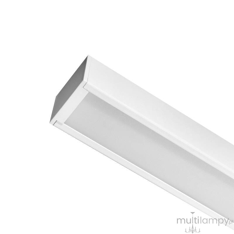 Lampa wisząca w białym kolorze, prostokątna, z wbudowanym źródłem światła LED o mocy 40W i temperaturze barwowej 4000K. Ujęcie z boku, pokazujące gładką powierzchnię i krawędzie. Idealna do nowoczesnych wnętrz.
