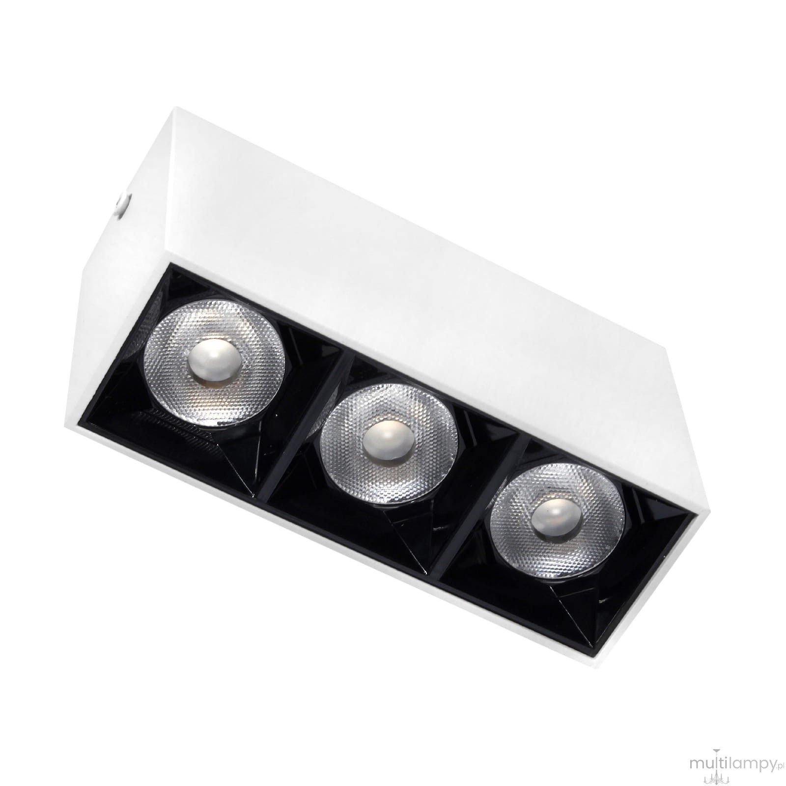 Lampa sufitowa LED w kolorze białym i czarnym z trzema regulowanymi źródłami światła. Kąt ujęcia z góry, ukazujący metalową obudowę oraz okrągłe klosze z przezroczystą siateczką. Wymiary i detale konstrukcji widoczne z boku.