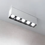Lampa sufitowa LED w białej obudowie, z pięcioma okrągłymi źródłami światła, zamontowana na suficie. Klasyczny, prostokątny kształt, minimalistyczny design, odpowiednia do oświetlenia wnętrz o temperaturze barwowej 4000K.