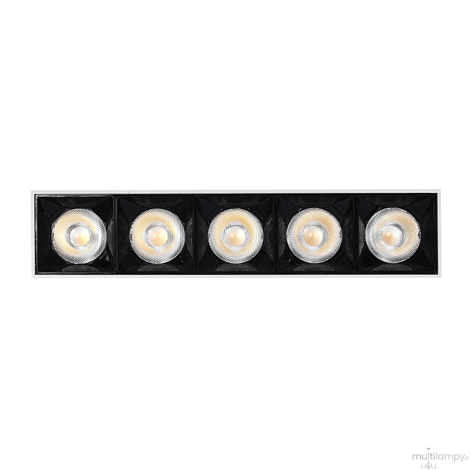 Lampa sufitowa LED w kolorze czarnym z pięcioma okrągłymi źródłami światła, zamontowana w prostokątnej obudowie. Wymiary na zdjęciu nieokreślone, źródła emitują światło o barwie 4000K. Ujęcie frontalne, na białym tle.