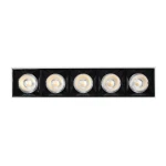 Lampa sufitowa LED w kolorze czarnym z pięcioma okrągłymi źródłami światła, zamontowana w prostokątnej obudowie. Wymiary na zdjęciu nieokreślone, źródła emitują światło o barwie 4000K. Ujęcie frontalne, na białym tle.