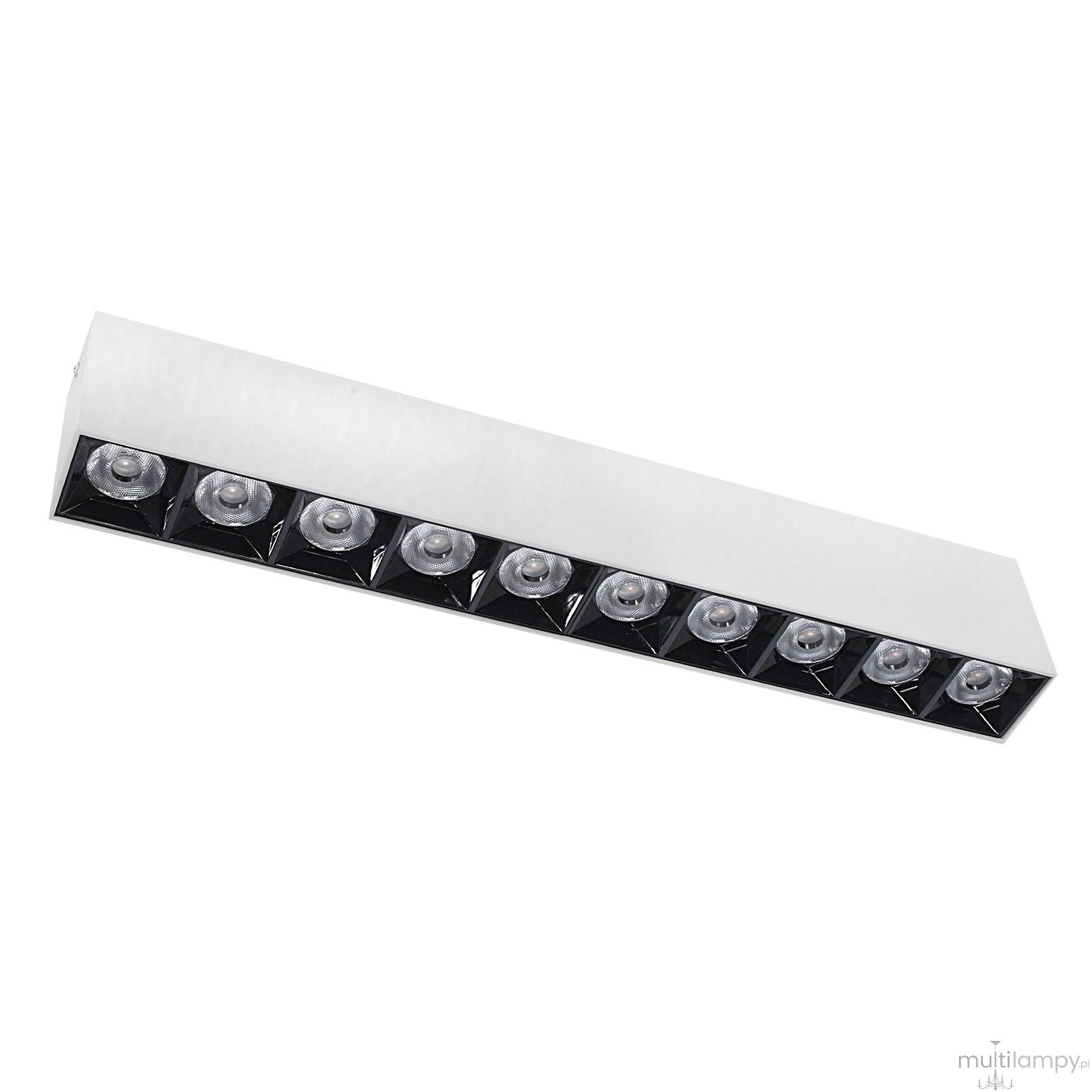 Lampa sufitowa LED w kolorze białym i czarnym, o mocy 30W i temperaturze barwowej 4000K. Prosty, prostokątny kształt z dziesięcioma okrągłymi źródłami światła, montowana na suficie.