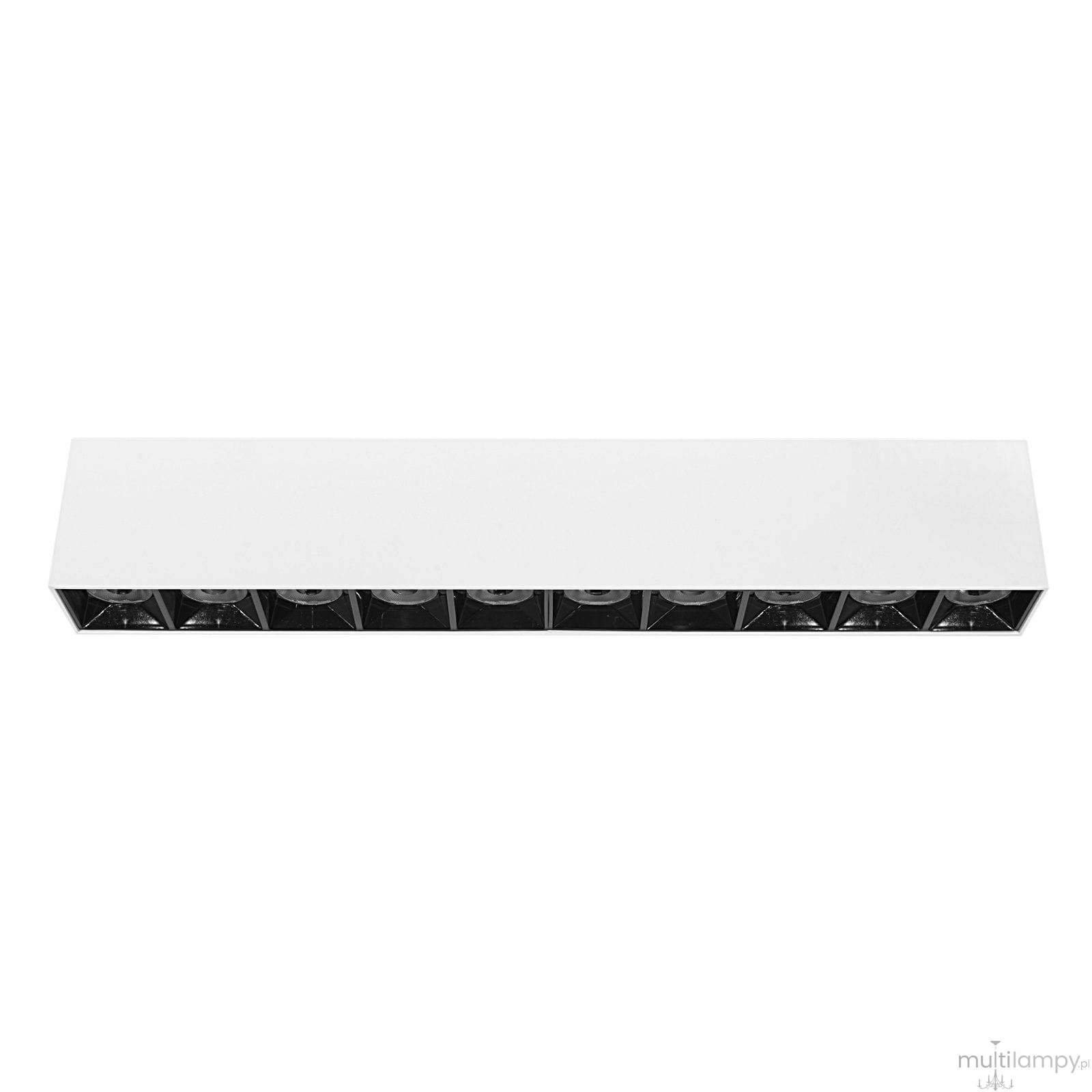 Lampa sufitowa LED w kolorze białym z czarnymi elementami, o długości prostokątnej, z ośmioma żarówkami. Ujęcie z góry, produkt zamontowany, matowe wykończenie powierzchni. Idealna do nowoczesnych wnętrz.