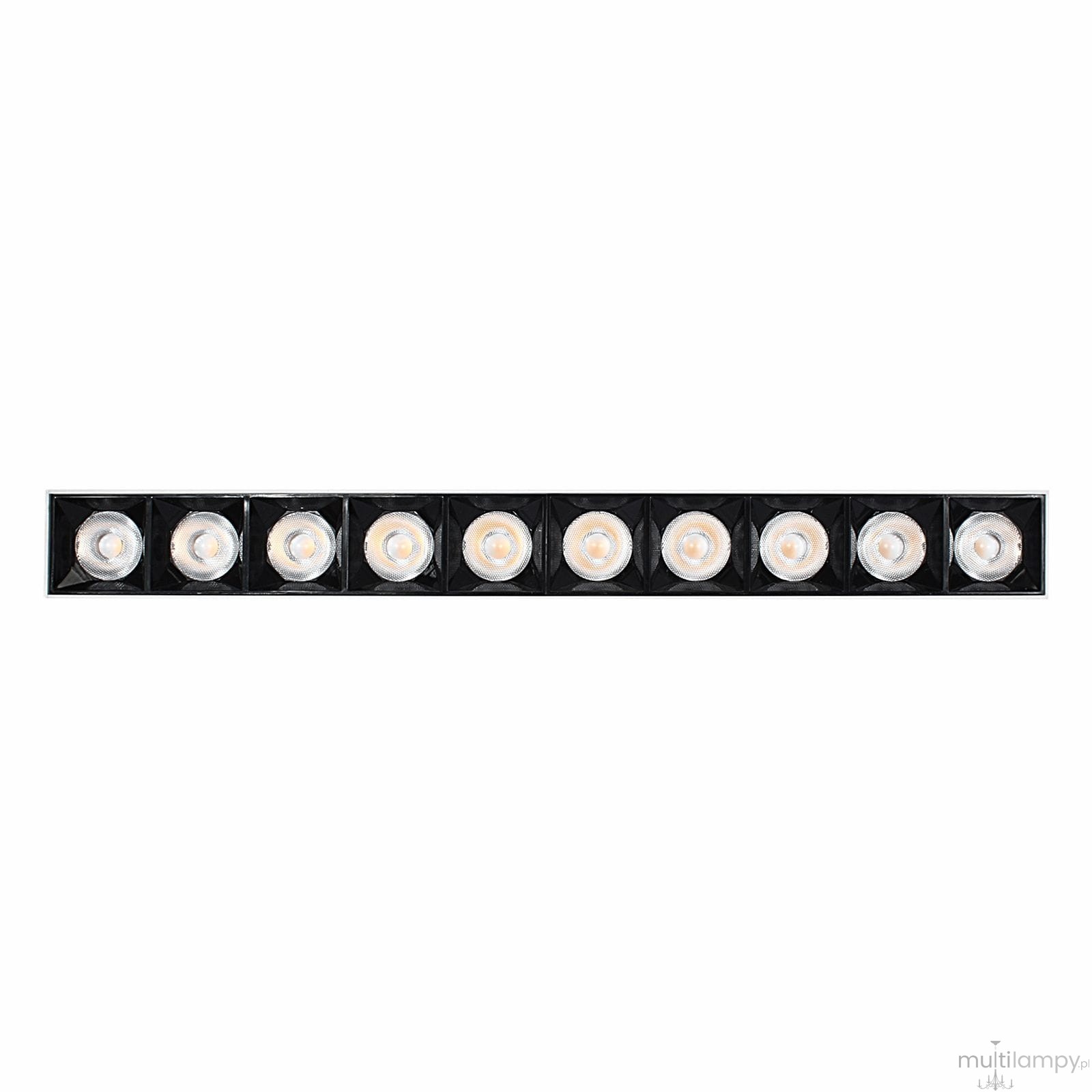 Lampa sufitowa LED w kolorze czarnym z dziesięcioma okrągłymi żarówkami. Ułożona w poziomie, o mocy 30W i temperaturze barwowej 4000K. Prosty design z wykończeniem w matowym kolorze. Tło białe, co podkreśla jej wygląd.