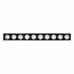Lampa sufitowa LED w kolorze czarnym z dziesięcioma okrągłymi żarówkami. Ułożona w poziomie, o mocy 30W i temperaturze barwowej 4000K. Prosty design z wykończeniem w matowym kolorze. Tło białe, co podkreśla jej wygląd.