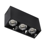 Lampa sufitowa LED o mocy 9W w kolorze czarnym, z trzema okrągłymi źródłami światła. Ujęcie z boku, ukazujące prostokątny kształt oraz strukturalne detale oprawy. Światło o temperaturze barwowej 4000K, idealna do nowoczesnych wnętrz.