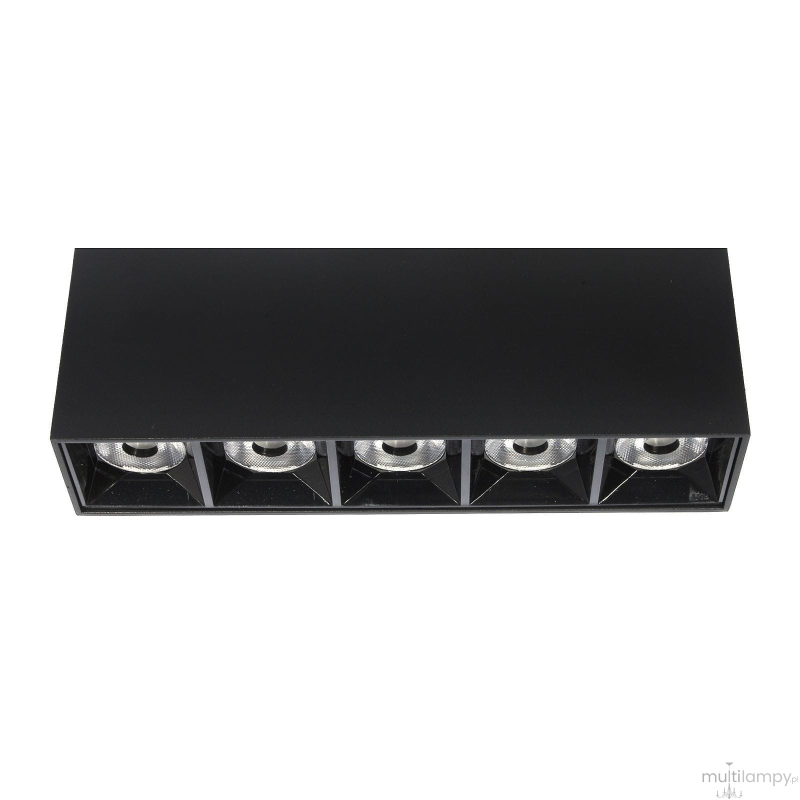 Lampa sufitowa LED o mocy 15W, kolor czarny, oświetlenie z pięcioma okrągłymi źródłami światła umieszczonymi w prostokątnej obudowie. Widok z góry, prezentujący nowoczesny design i matową powierzchnię.