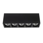 Lampa sufitowa LED o mocy 15W, kolor czarny, oświetlenie z pięcioma okrągłymi źródłami światła umieszczonymi w prostokątnej obudowie. Widok z góry, prezentujący nowoczesny design i matową powierzchnię.