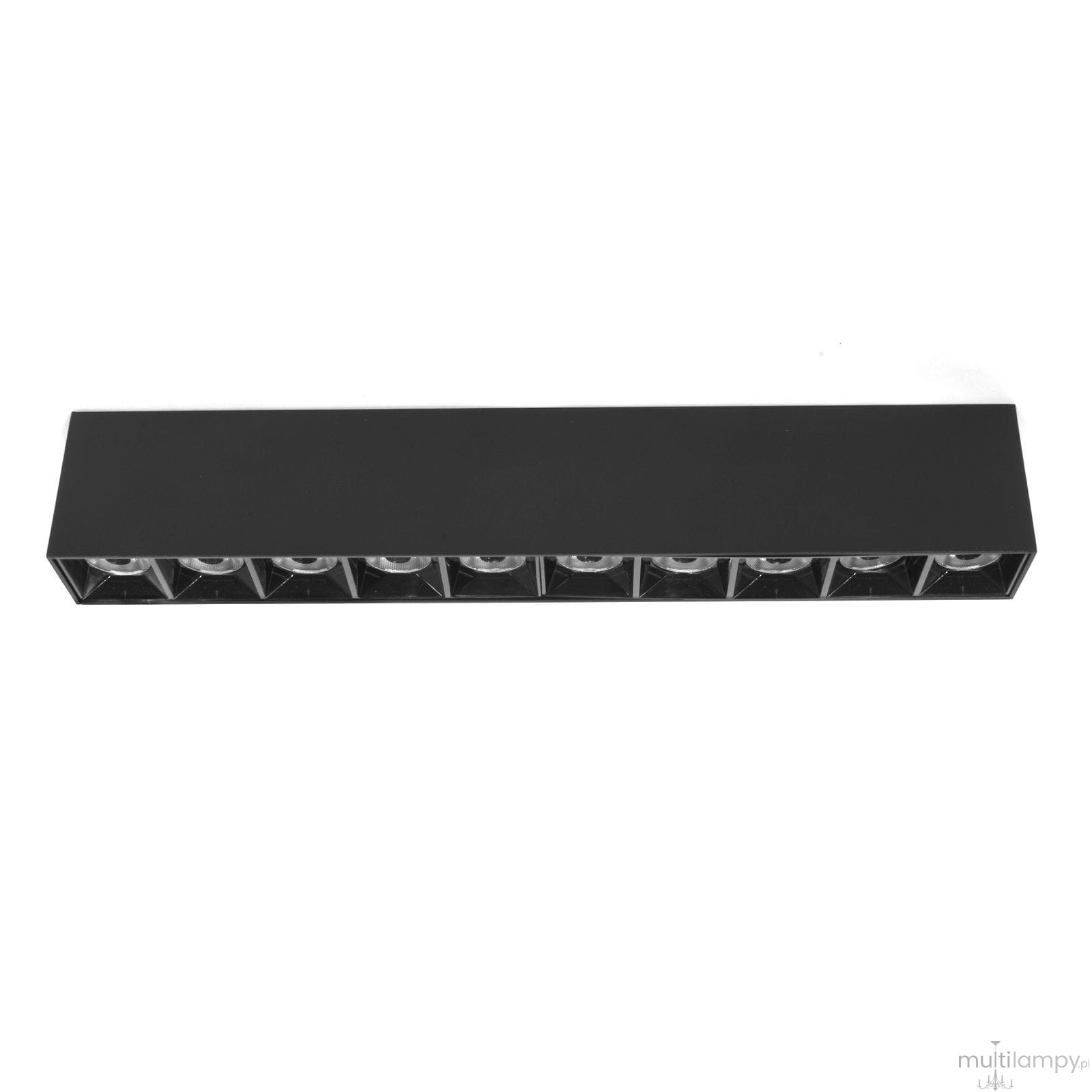 Czarna lampa sufitowa LED o mocy 30W i barwie światła 4000K, w formie prostokątnego panelu z sześcioma oświetleniami, zamontowana w pozycji poziomej, na jednolitym tle.